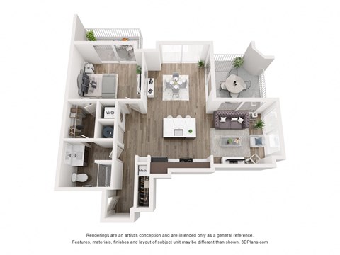 Floor plan for 1 bed, 1 bath, 858 sqft